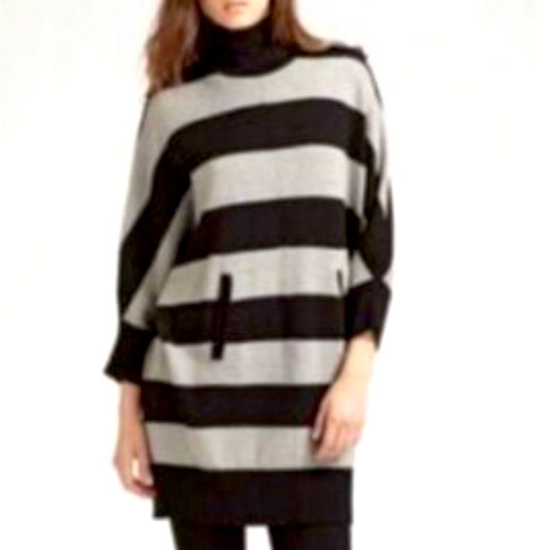 Tory Burch Merino Wool Kint Sweater Gray Black Stripe